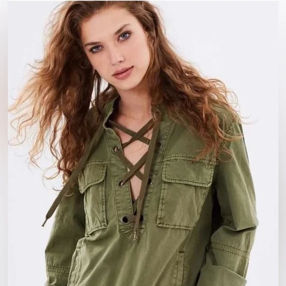 Free People Safari 100% Cotton Army Green Pullover Jacket $198 Retail Size L - Picture 2 of 13